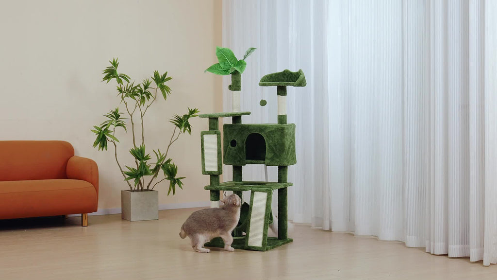 Nature Inspired Cat Tree with Plush Perch, Indoor Cat Tower with Scratching Surfaces, Condo Hideaway and Dangling Ball for Climbing, Play and Rest