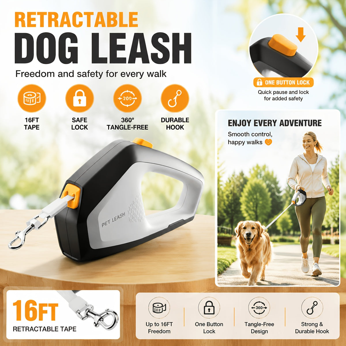 Heavy Duty Retractable Dog Leash for Large Dogs up to 110 lbs, Durable Nylon Walking Lead with One-Hand Brake, Pause and Lock Control