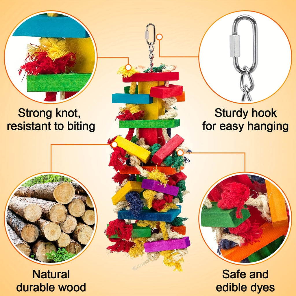 Parrot Chew Toy with Colorful Wooden Blocks and Hanging Chain, Extra Large Bird Cage Activity Toy for Macaws and African Grey Parrots