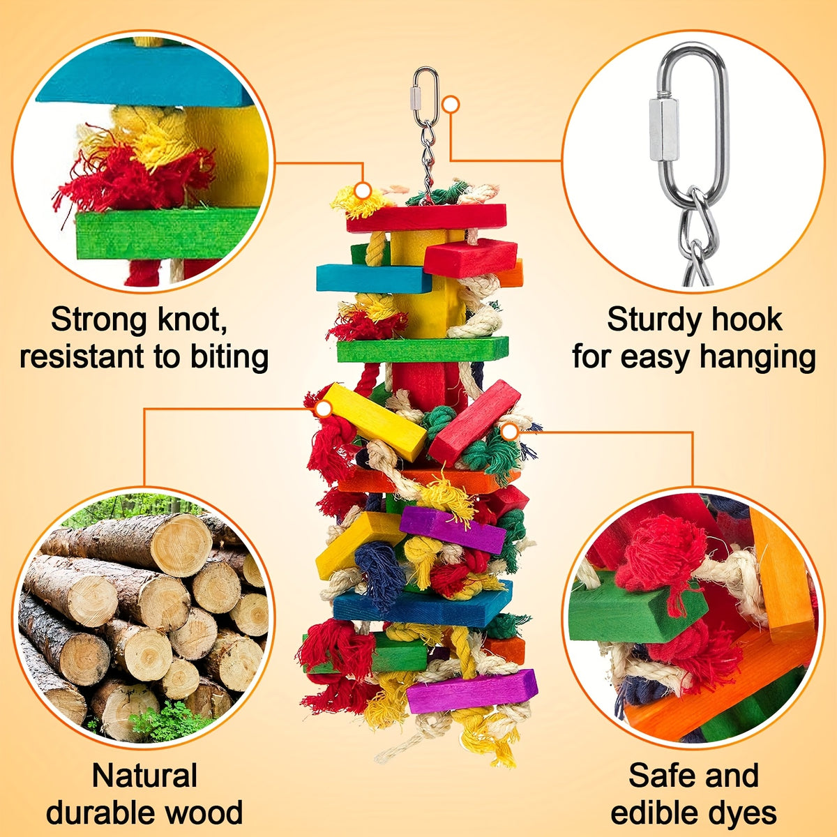 Parrot Chew Toy with Colorful Wooden Blocks and Hanging Chain, Extra Large Bird Cage Activity Toy for Macaws and African Grey Parrots