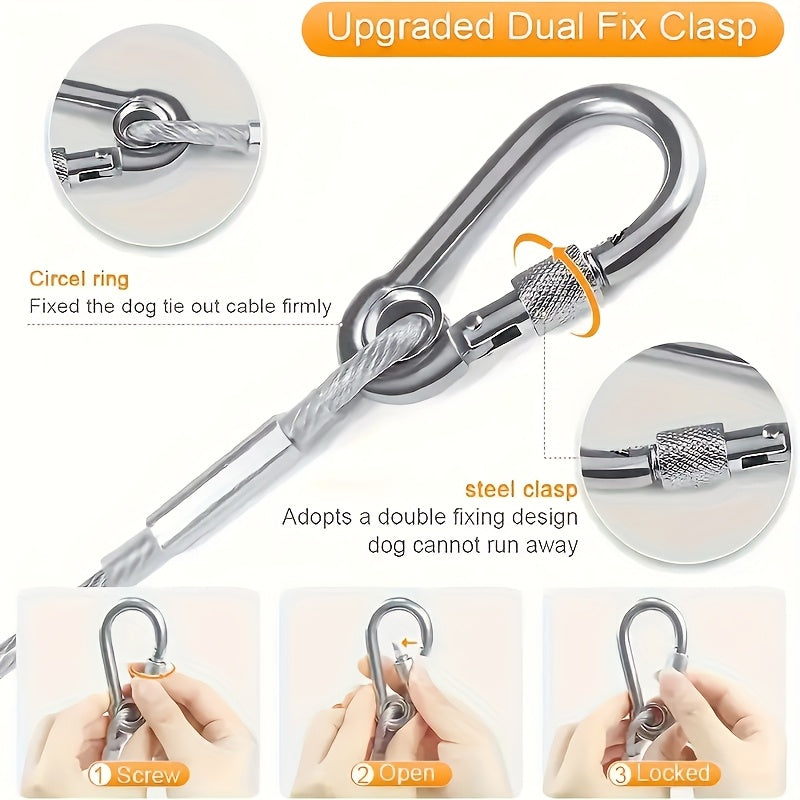 Reflective Dog Tie Out Rope with Stainless Steel Swivel Spring Hook, Outdoor Yard and Camping Lead for Supervised Use, Two Listed Length Options