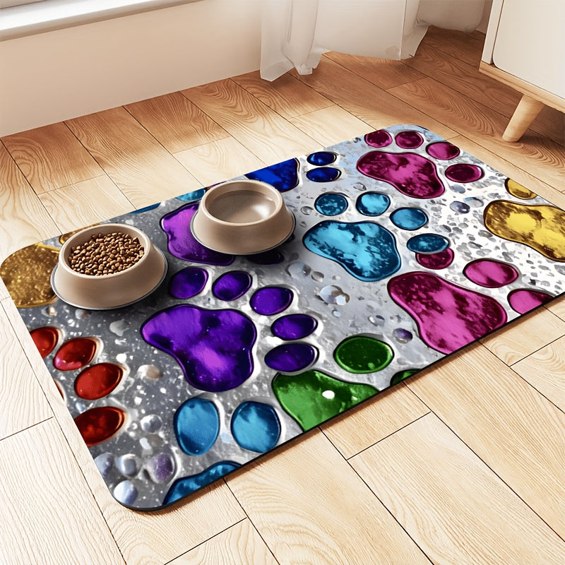 Absorbent Pet Feeding Mat with Colorful Paw Pattern, Quick-Drying Non-Slip Food and Water Bowl Pad for Dogs, Cats and Multi-Pet Homes