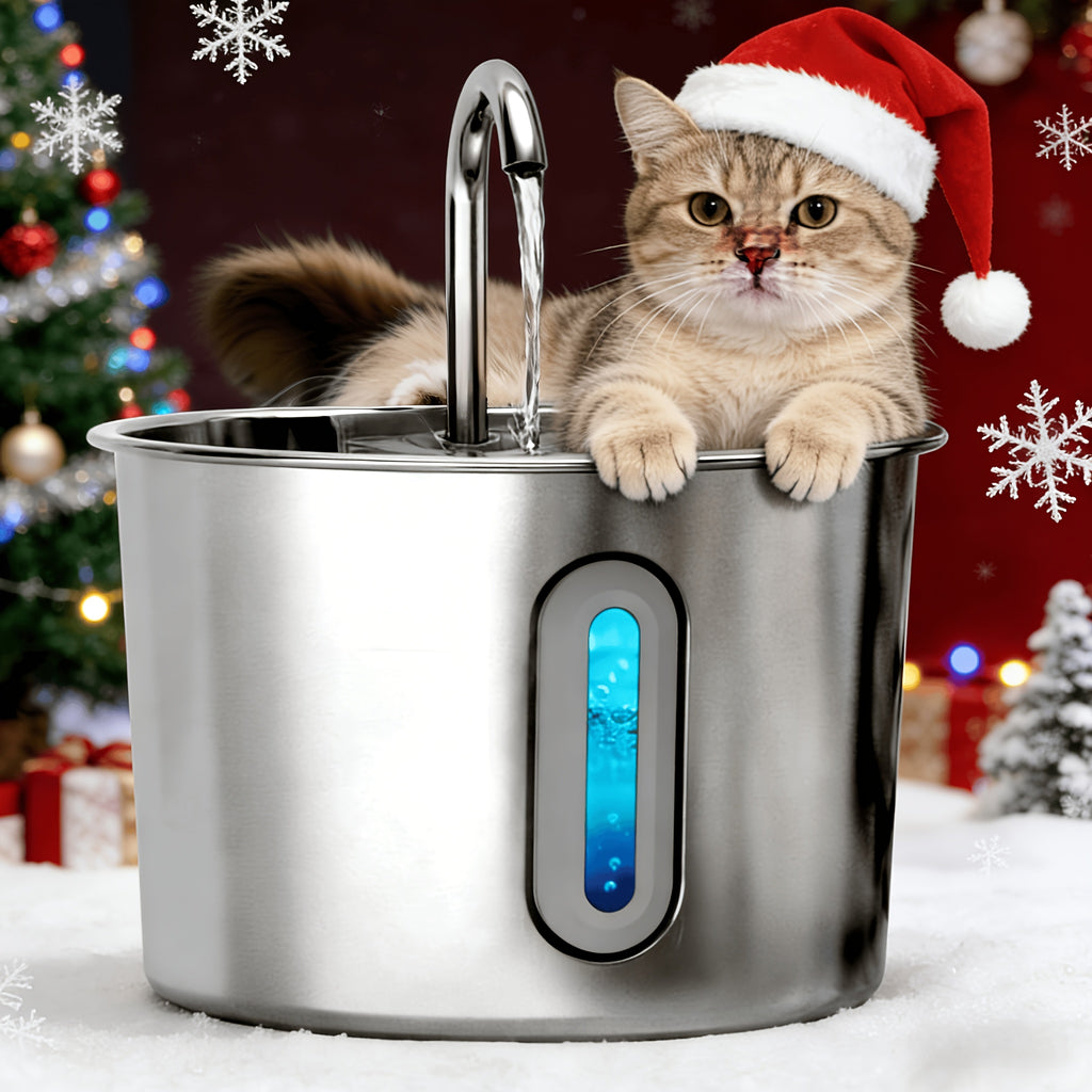 Cat Water Fountain with 3-Stage Filtration, 2.2L 304 Stainless Steel Pet Drinking Dispenser with Quiet USB Pump and Visible Water Level Window