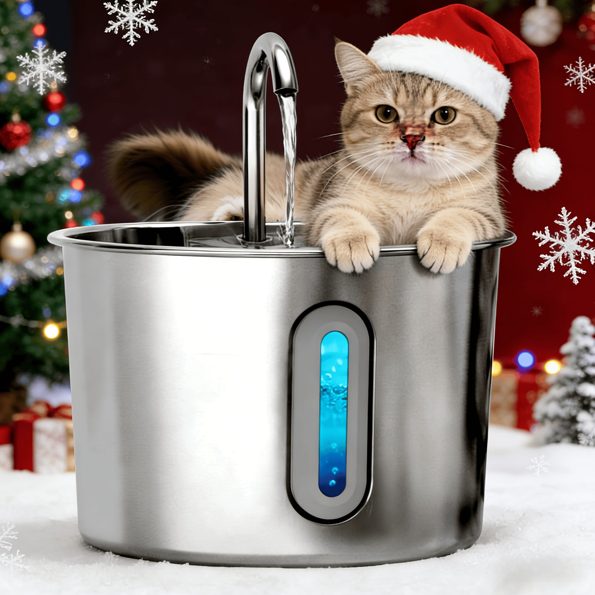 Cat Water Fountain with 3-Stage Filtration, 2.2L 304 Stainless Steel Pet Drinking Dispenser with Quiet USB Pump and Visible Water Level Window