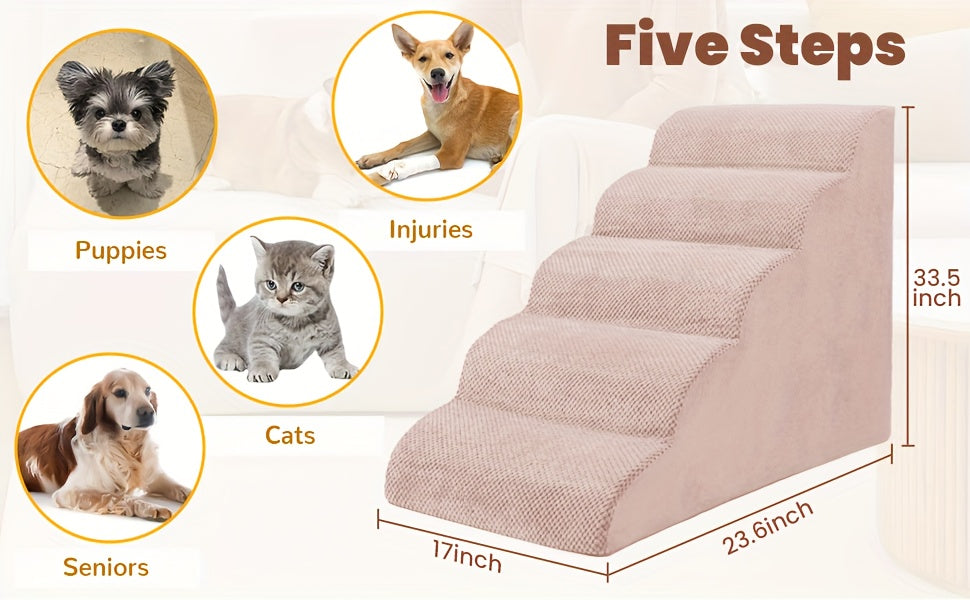 5-Step Dog Stairs with Washable Slipcover, High-Density Foam Pet Steps with Non-Slip Base for Small Dogs and Cats, Bed and Couch Access in Six Colors