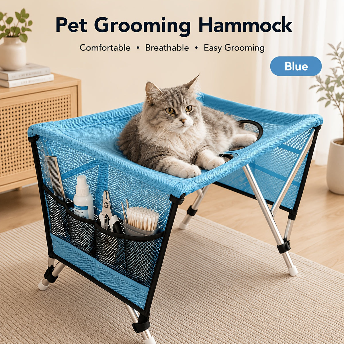 Pet Grooming Hammock with Stand for Nail Trimming, Foldable Mesh Support Bed for Cats and Dogs, Bathing and At-Home Paw Care