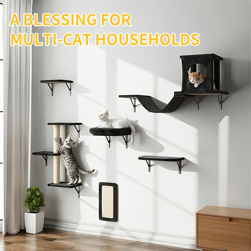 Cat Wall Furniture Set 6-Piece with Shelves, Condo, Scratching Board, Bridge and Tunnel, Wall-Mounted Indoor Cat Climbing and Resting Perches