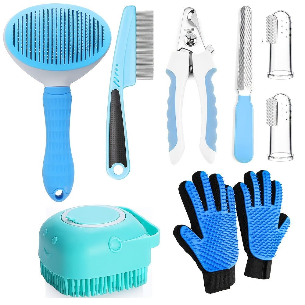 Dog Grooming Tool Set with Self-Cleaning Slicker Brush, Nail Clippers, Comb, Bath Brush and Finger Toothbrushes for At-Home Dog and Cat Care