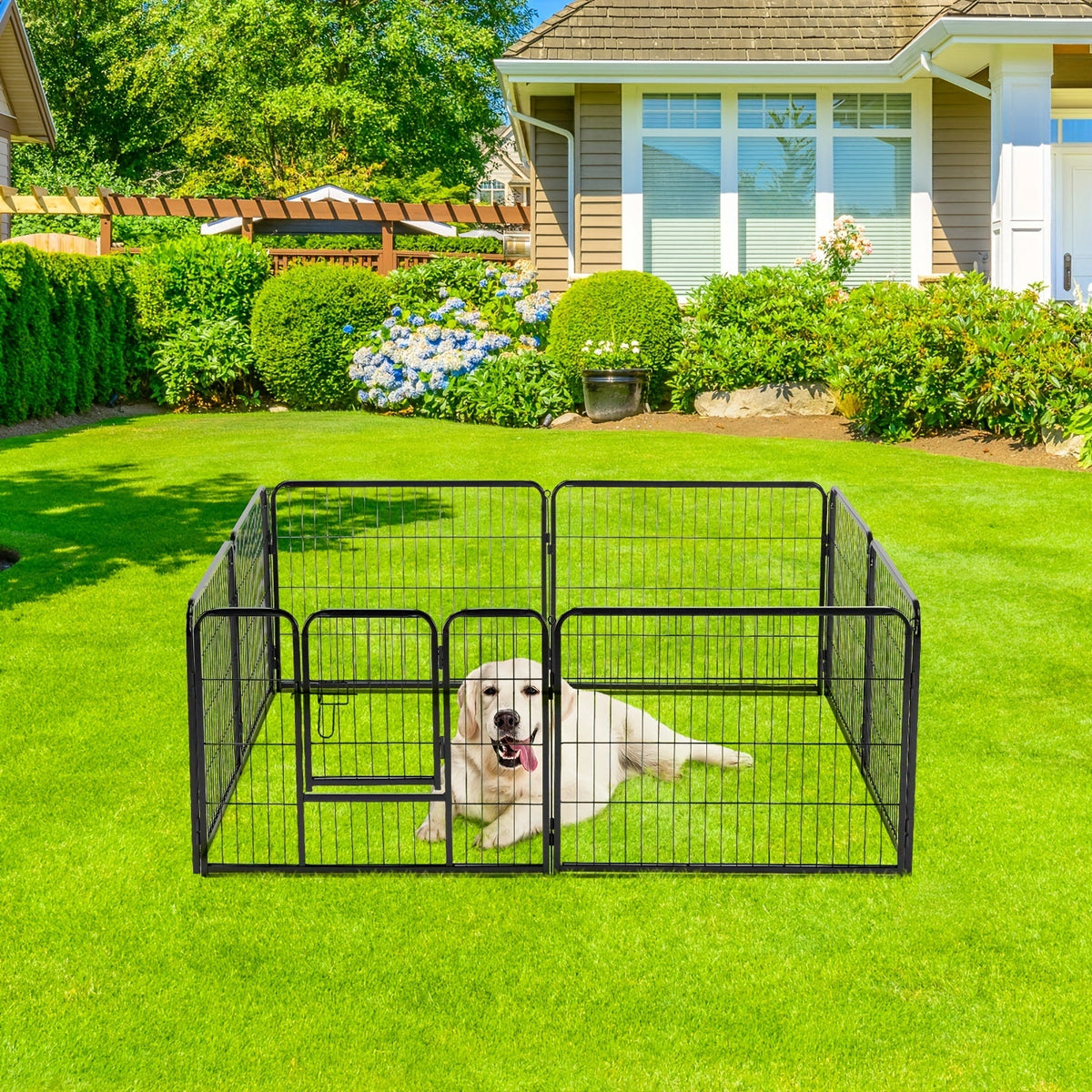 Metal Dog Playpen with Door, DIY 8 or 16 Panel Puppy Exercise Fence in 24, 32 or 40 Inch Size Options for Indoor and Outdoor Supervised Play