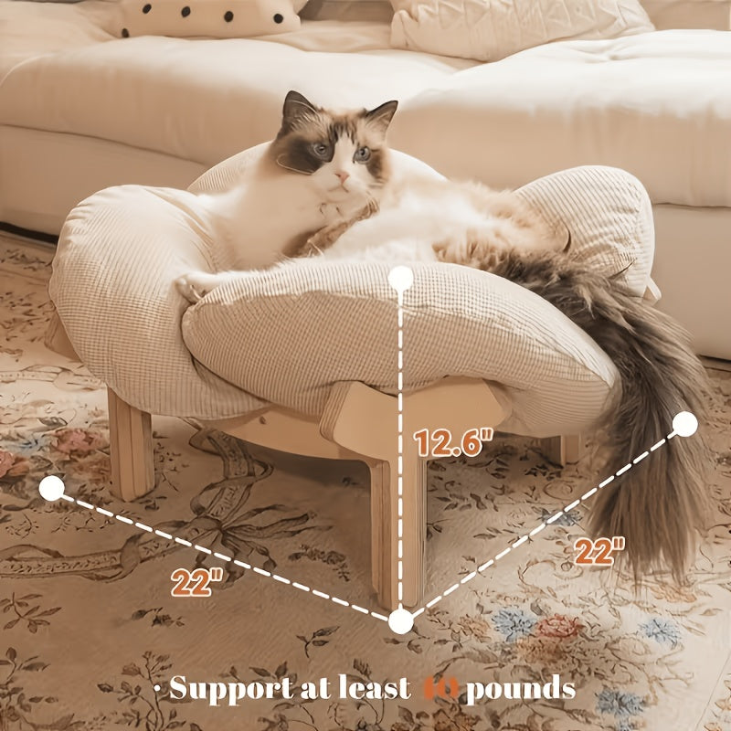 Raised Wooden Cat Bed with Sky Blue Cushion, Solid Wood High-Leg Pet Sofa for Cats and Small Dogs, Includes Assembly Hardware and Tools