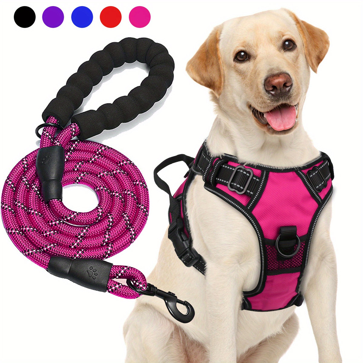 Oxford Dog Harness and Rope Leash Set, Adjustable Reflective Mesh-Padded Walking Vest with Four Fit Points and 5-Foot Padded-Handle Lead, S to XL
