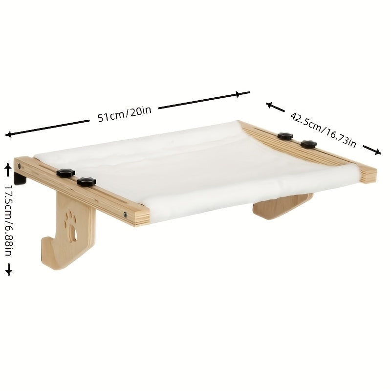 Cat Window Lounger with Adjustable Wooden Frame and Paw Pattern, Hanging Hammock Bed for Compatible Windowsills, Bedsides and Cabinets