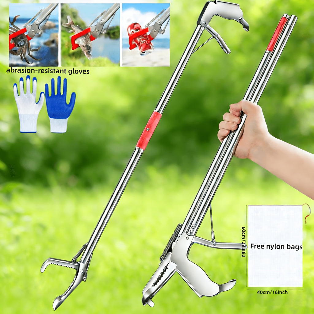 Snake Tongs with Foldable Telescopic Pole, Heavy-Duty 304 Stainless Steel Reptile Handling Tool with Non-Slip Ergonomic Handle for Cleanup