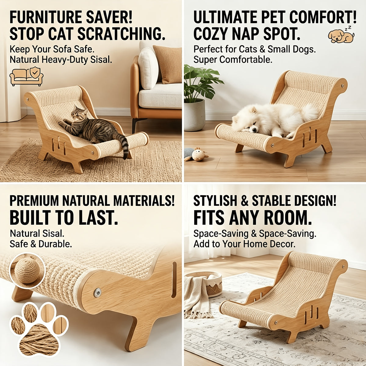 Cat Lounger Chair with Sisal Rope Scratching Bed, Elevated Hammock-Style Pet Beach Chair in Brown for Indoor Napping, Stretching and Relaxing