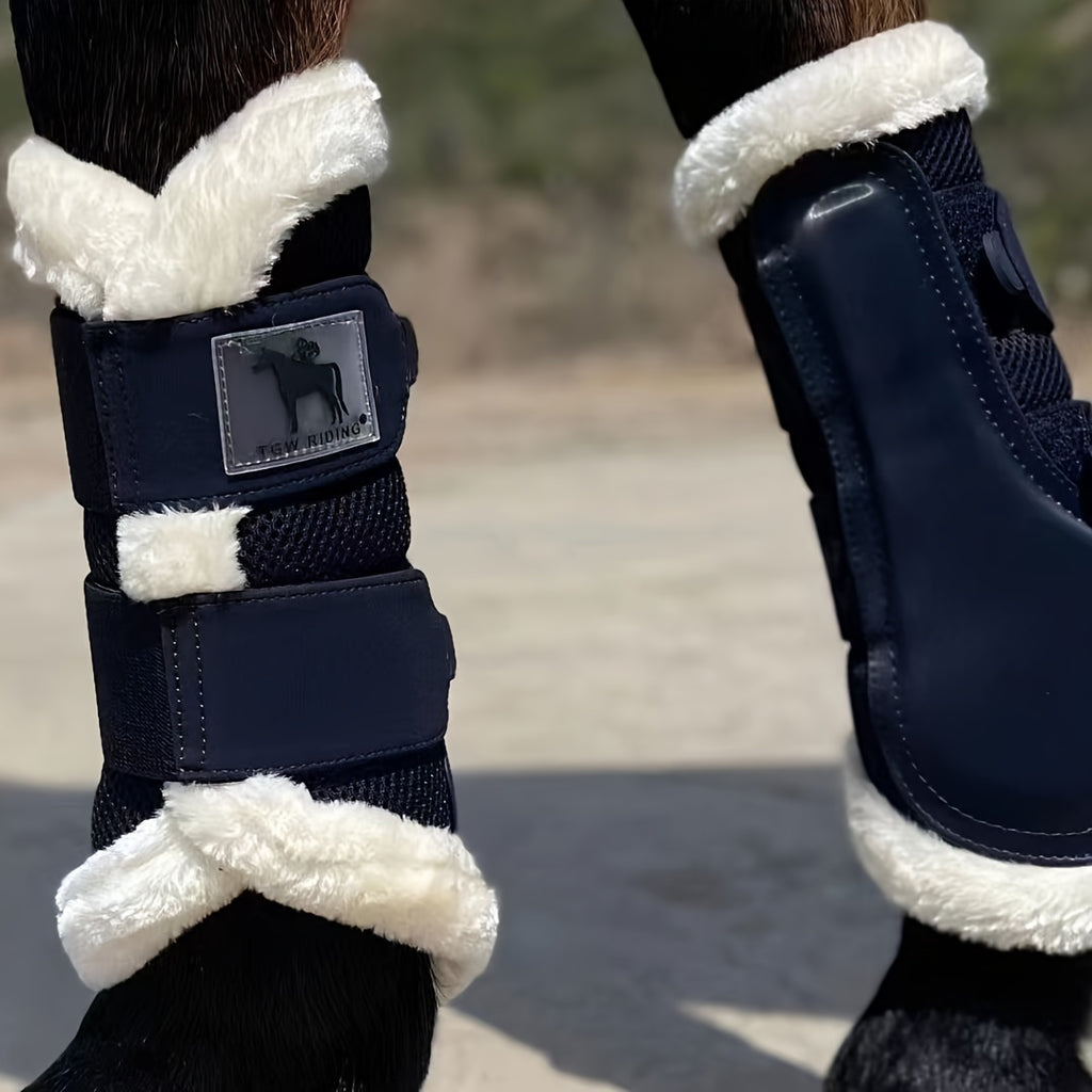 Horse Leg Wraps 1 Pair in Navy Blue, Breathable Mesh and Faux Leather Quick-Fit Equestrian Gear for Training and Jumping, S to XL Size Options