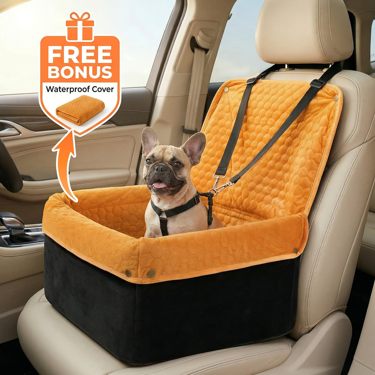 Memory Foam Dog Car Seat for Pets up to 35 lbs, Non-Slip Booster Travel Bed with Removable Waterproof Cover, Adjustable Straps and Storage Pocket