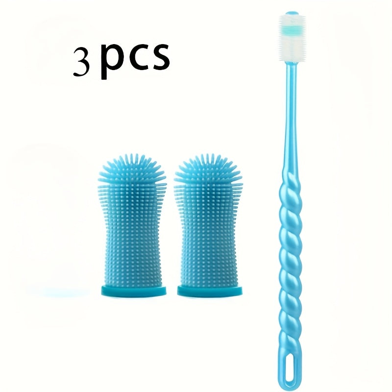 Dog Toothbrush Set, 3-Piece Silicone Pet Dental Care Kit with Finger Brush and Fine Bristle Brush, 360-Degree Design for Dogs and Cats