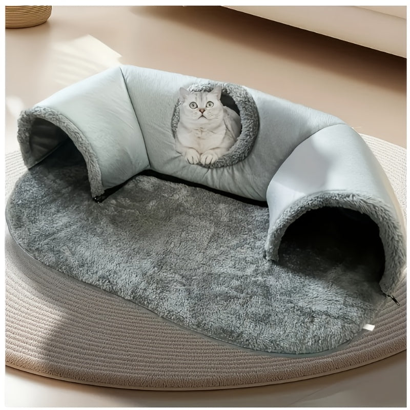 3-in-1 Cat Tunnel Bed and Playhouse, Soft Polyester Pet Hideaway with Plush Lining and Non-Slip Base for Indoor Cat Rest, Kitten Play and Rabbits