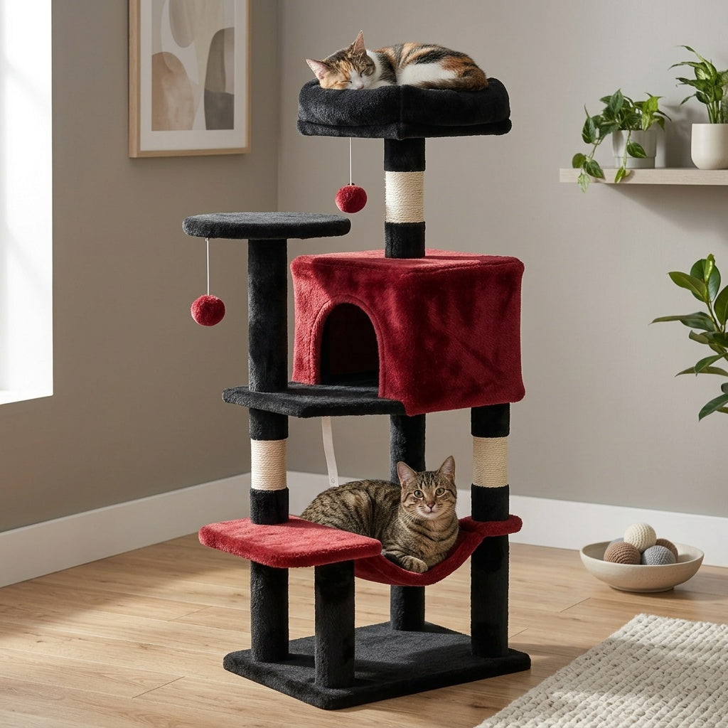 Cat Tree with Seven Color Choices, 44 Inch Indoor Cat Tower with Hammock, Condo Hideaway, Elevated Perches and Sisal Scratching Posts