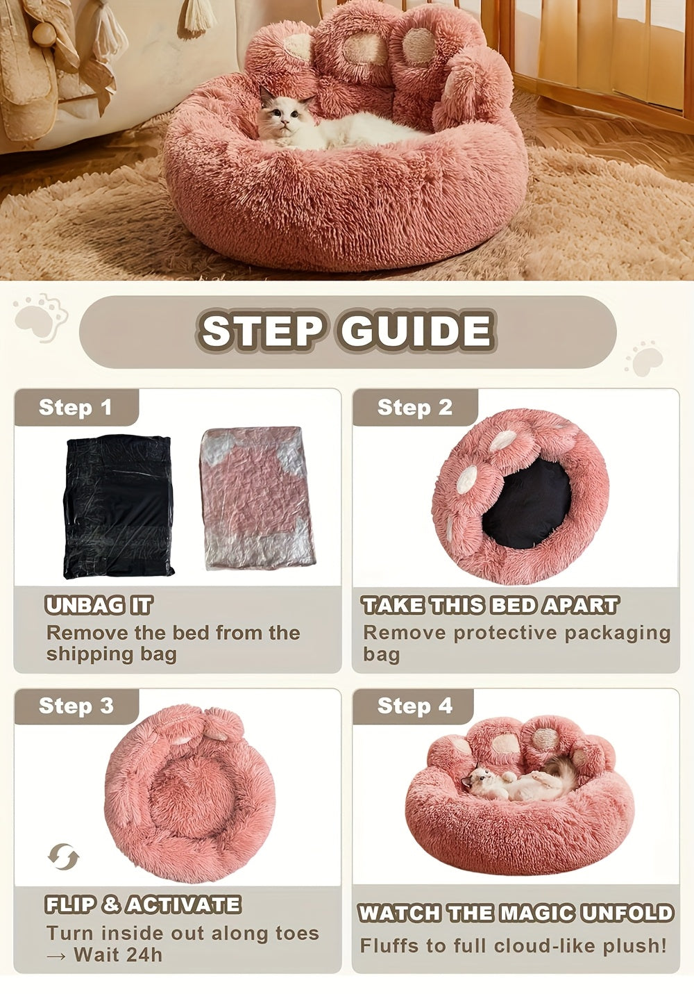 Plush Dog Bed with Bear Paw Shape, Soft Faux Fur Cat Sleeping Cushion with Non-Slip Bottom, Coffee Pink or Gray for Pets up to 30 lbs
