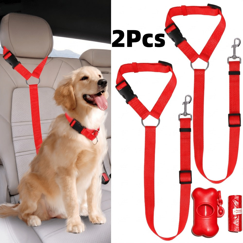 Dog Car Seat Belts 2 Pack with 15 Waste Bags and Storage Box, Adjustable Nylon Bungee Pet Travel Tethers for Small and Medium Dogs and Cats