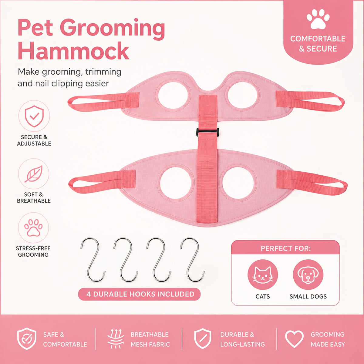 Cat Grooming Hammock with 4 S-Hooks and Fixed Straps, Breathable Mesh Nail Trimming Support for Cats and Small Dogs in Grey or Pink