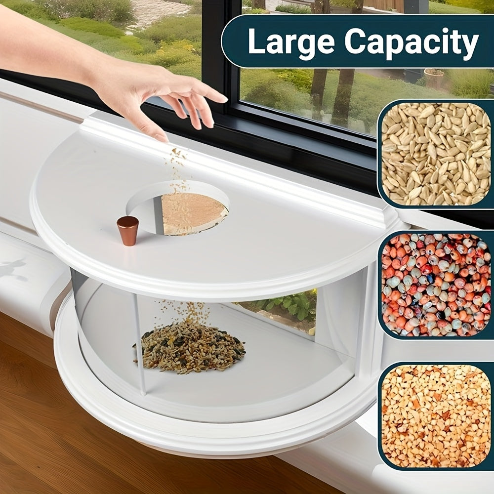 Panoramic Window Bird Feeder with 180-Degree Clear View, Recessed Feeding Tray and Lawn Deck in White for Bird Watching from Inside Your Home