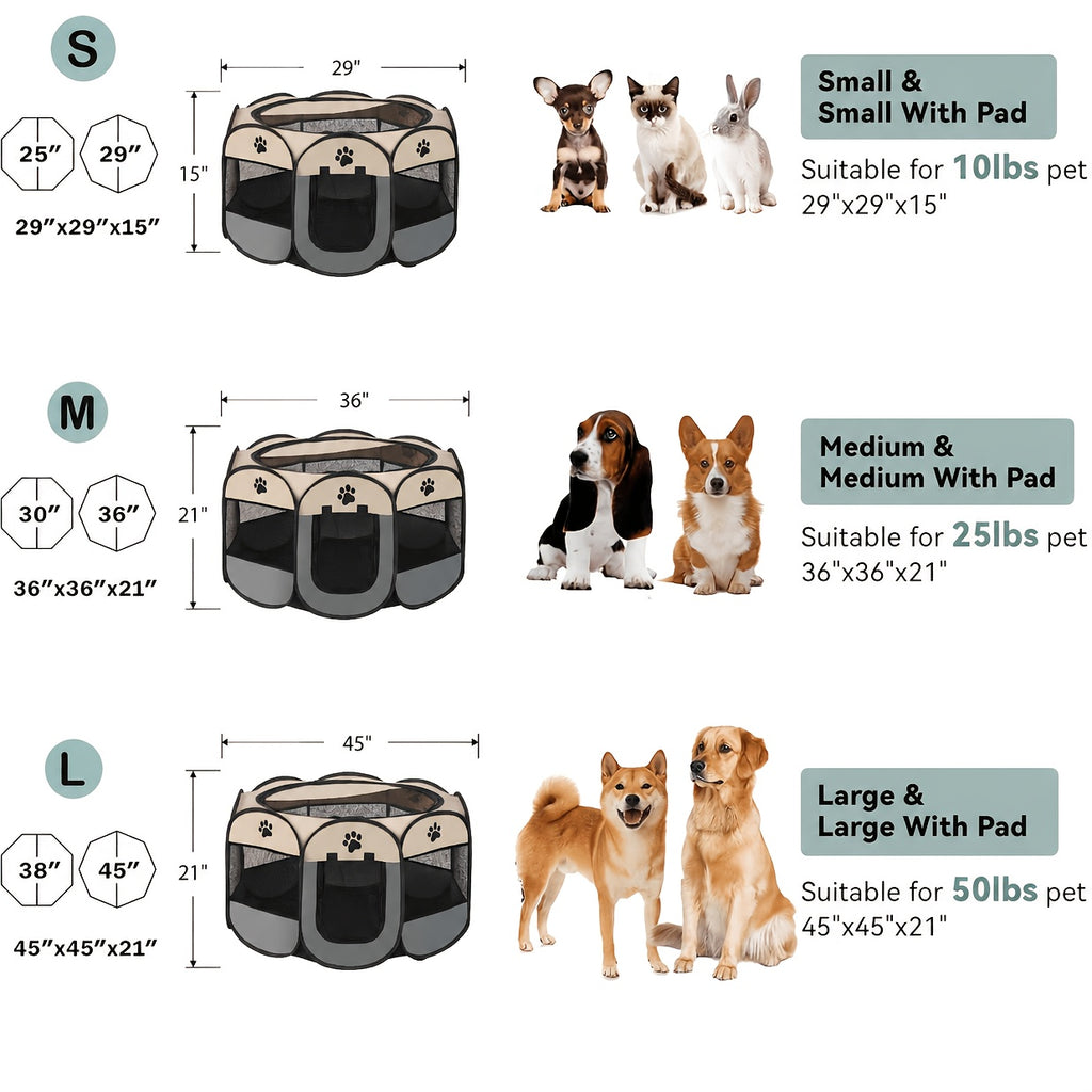 Oxford Cloth Pet Playpen for Dogs and Cats, Foldable Octagonal Travel Enclosure for Supervised Indoor Outdoor Use, Coffee or Grey in S M L