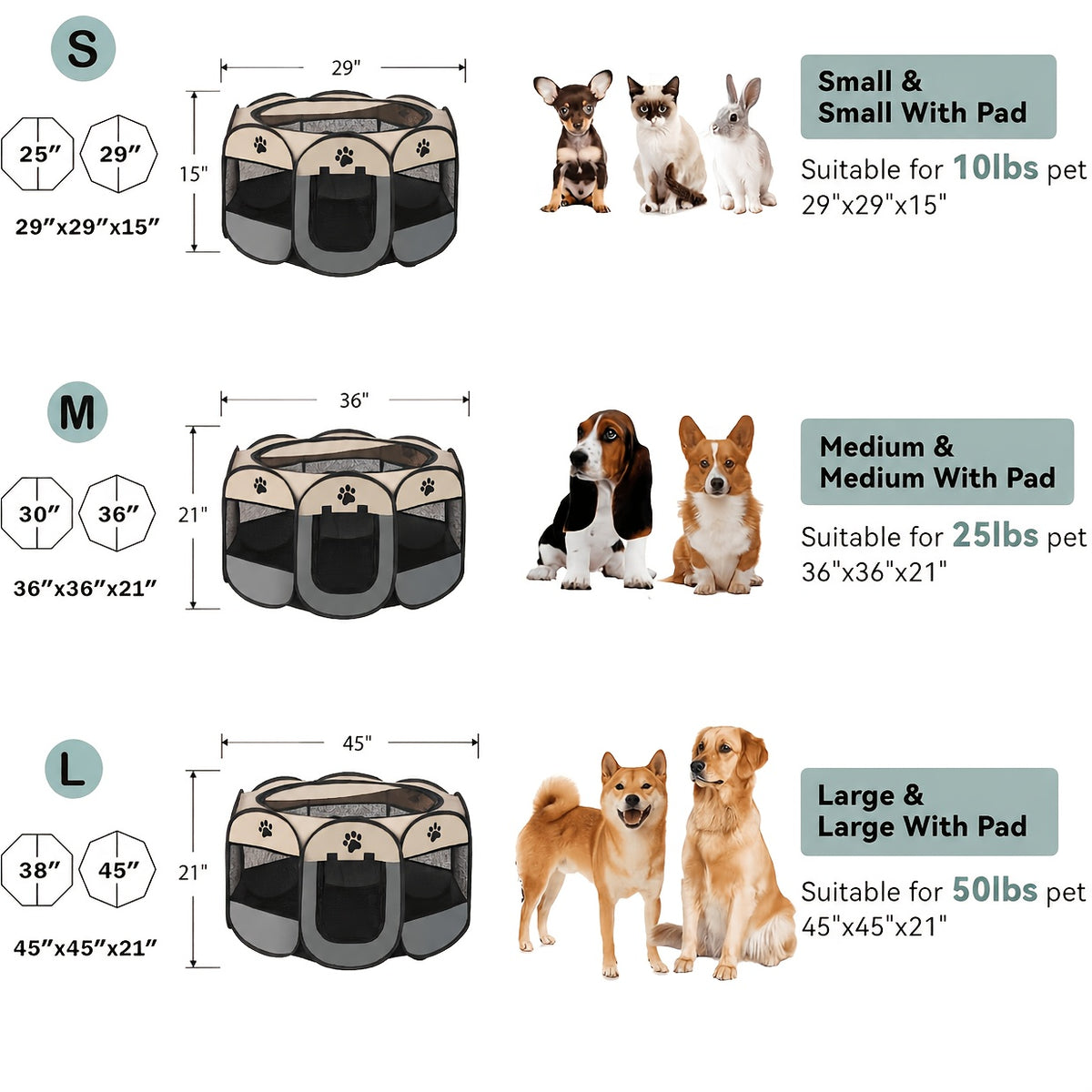 Oxford Cloth Pet Playpen for Dogs and Cats, Foldable Octagonal Travel Enclosure for Supervised Indoor Outdoor Use, Coffee or Grey in S M L