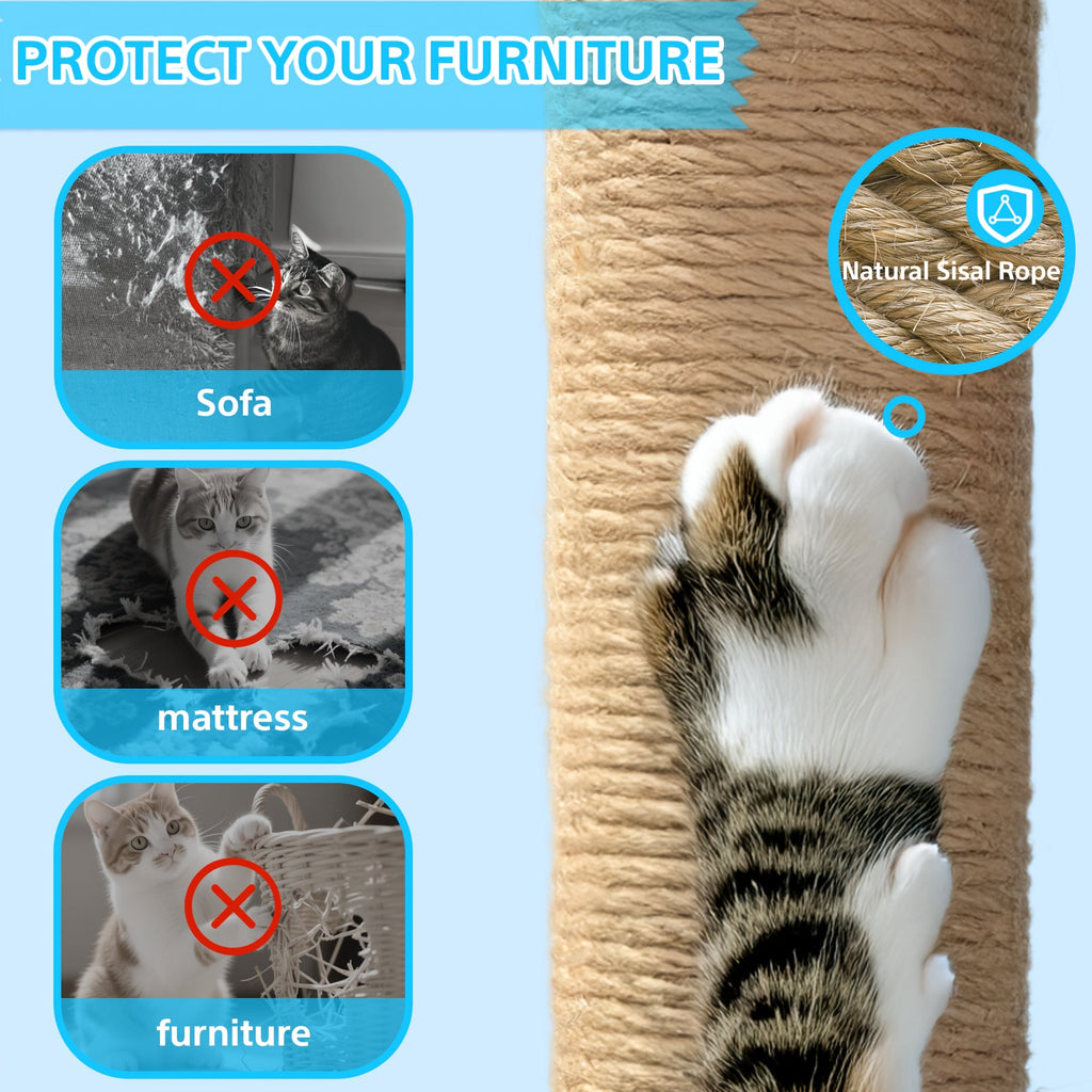 Cat Tree with Hammock and Extended Platform, Multi-Level Indoor Cat Tower with Sisal Scratching Posts, Condo and Dangling Play Toy