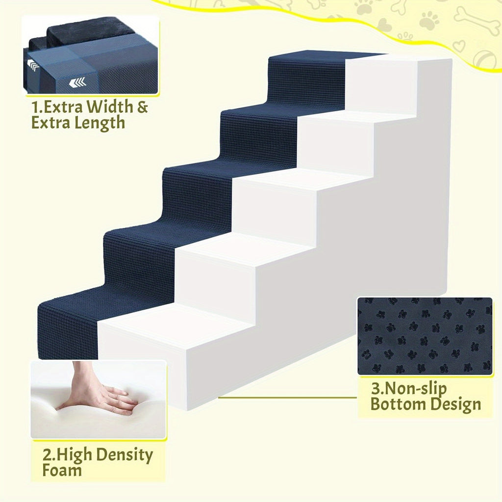 Foam Dog Stairs for Small Dogs, 5-Step Pet Steps with Supportive Board and Non-Slip Removable Washable Cover in Grey or Navy for Home Use