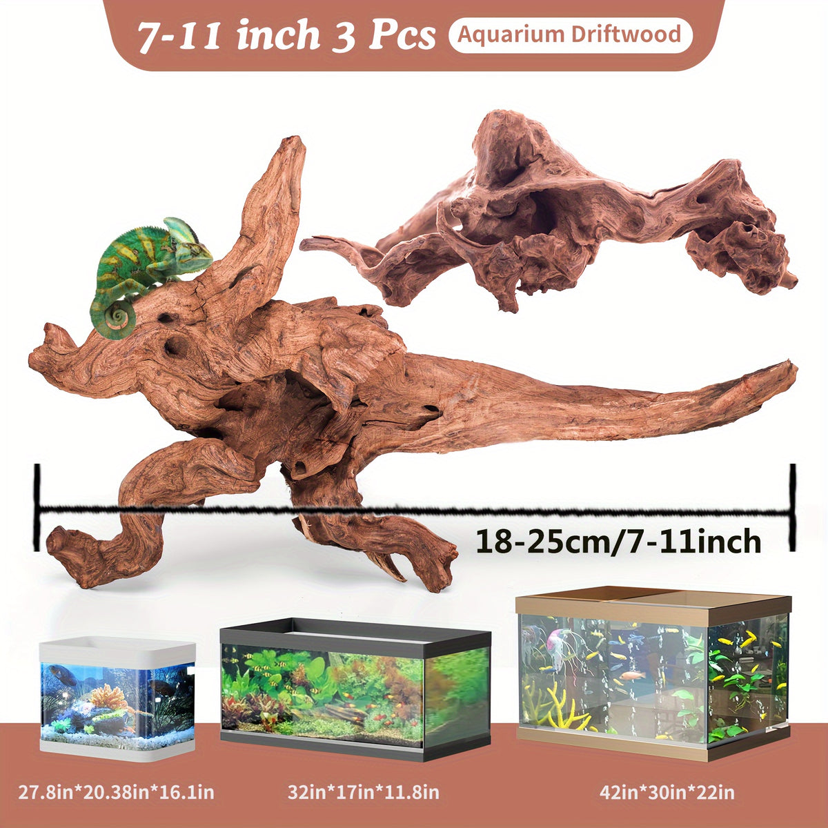Aquarium Driftwood Branches 3 Pack, 7-11 Inch Natural Wood for Fish Tank Aquascaping, Reptile Enclosure Decor and Nature-Inspired Habitat Layouts