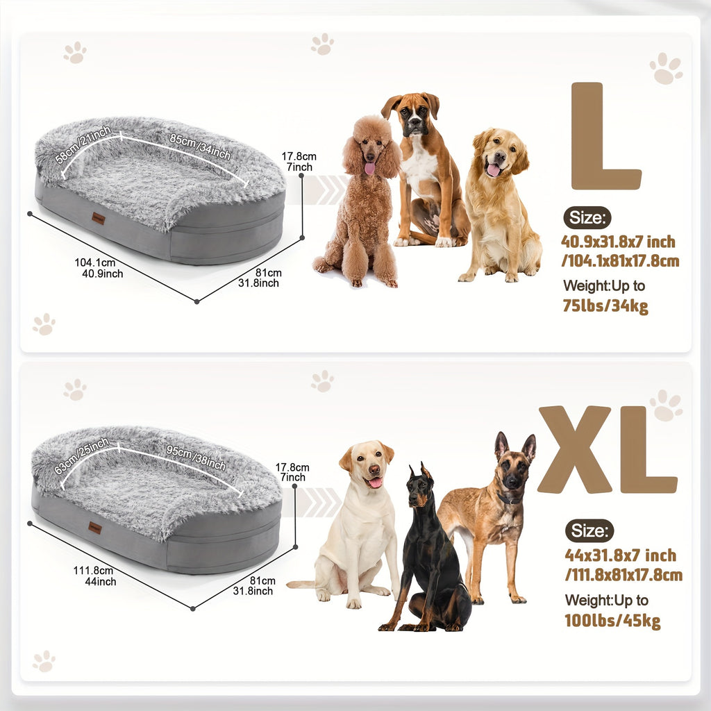Plush Foam Dog Bed with Removable Washable Cover, Gray Egg Crate Pet Lounger with Raised Edges in Large Rectangle and Semicircle Options