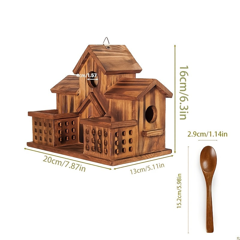 Compact Wooden Birdhouse with Feeding Spoon, Hanging Cottage-Style Bird House with Round Openings and Front Feeding Areas for Outdoor Garden Decor