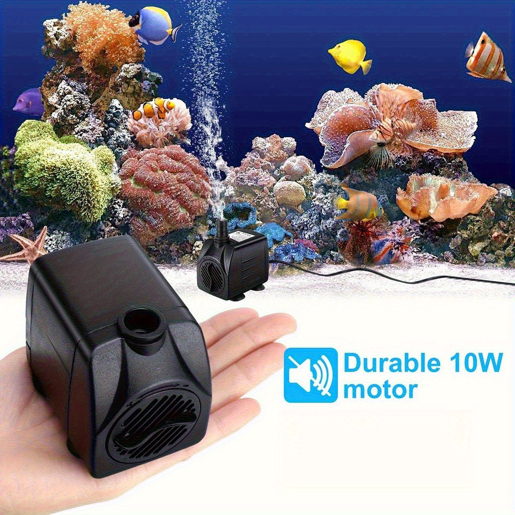 Submersible Aquarium Pump 10W with Adjustable Water Flow, Two Nozzles and Suction Feet, Compact Black Water Pump for Fish Tanks and Fountains