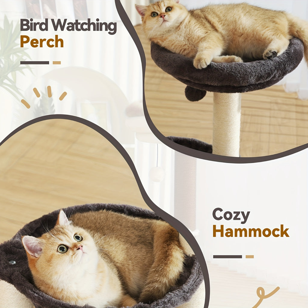 Cat Tree for Kittens and Small Cats, 27.8-Inch Gray Indoor Tower with Plush Basket, Top Perch, Scratching Posts and Dangling Ball Toy