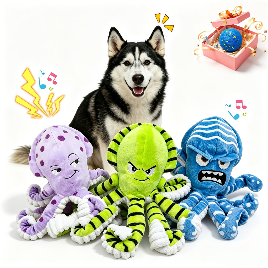 Octopus Dog Toys 3 Pack, Soft Plush Sound-Making Toy Set for Small, Medium and Large Dogs, Interactive Gentle Tug and Indoor Play