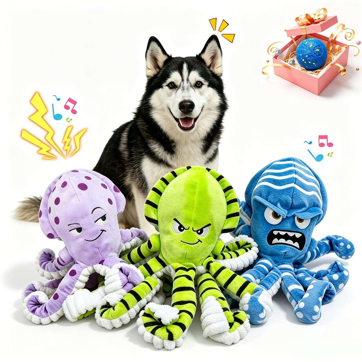Octopus Dog Toys 3 Pack, Soft Plush Sound-Making Toy Set for Small, Medium and Large Dogs, Interactive Gentle Tug and Indoor Play