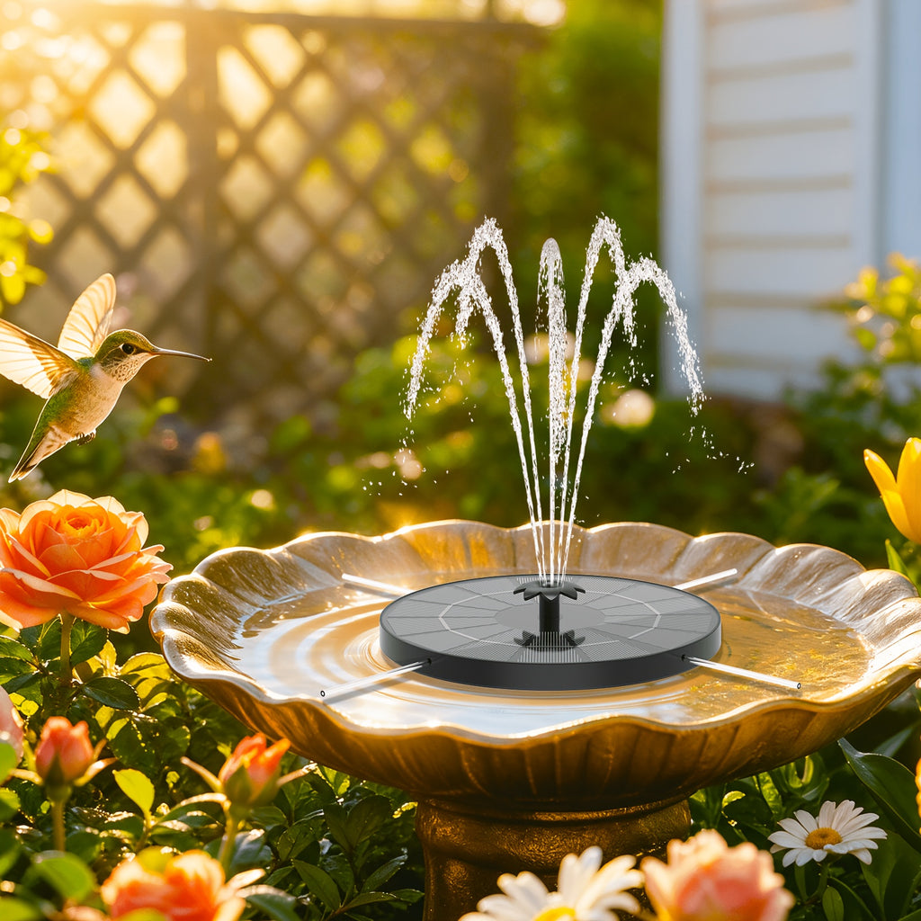 Solar Fountain Pump for Bird Baths, Floating Round Water Sprayer with Interchangeable Nozzle Styles for Outdoor Garden and Patio Water Features