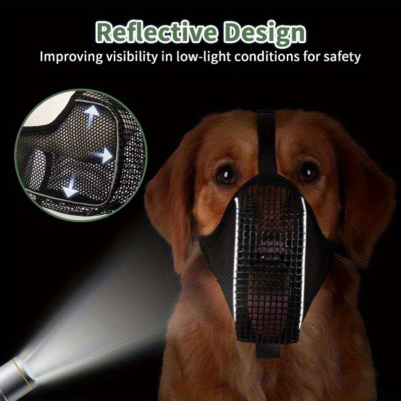 Full Coverage Mesh Dog Muzzle Mask 2-Pack in Black, Reflective Polyester Design with Adjustable Straps for Supervised Grooming and Vet Visits