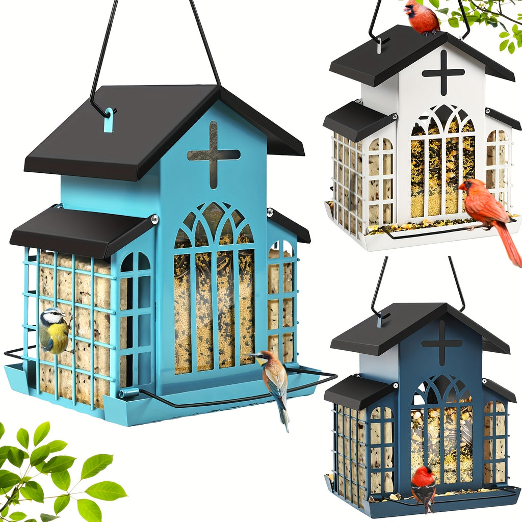 Vintage Metal Bird Feeder for Outside, Triple Mesh Seed Feeding Areas with Hanging Chains and Decorative Window Cut-Outs for Backyard Birdwatching