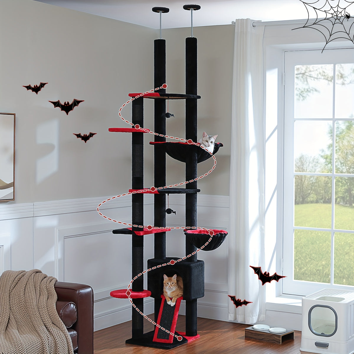 Adjustable Floor to Ceiling Cat Tree 90.5–100.4 Inches, Dual Top Support Indoor Tower with Condo, Hammocks, Climbing Platforms and Scratching Posts