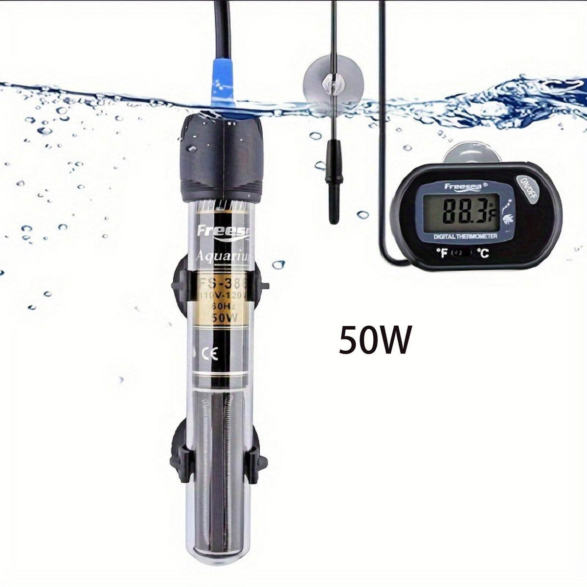 Aquarium Heater with Thermometer, Submersible Fish Tank Water Heater in 25W, 50W, 100W or 300W for Freshwater and Saltwater Setups
