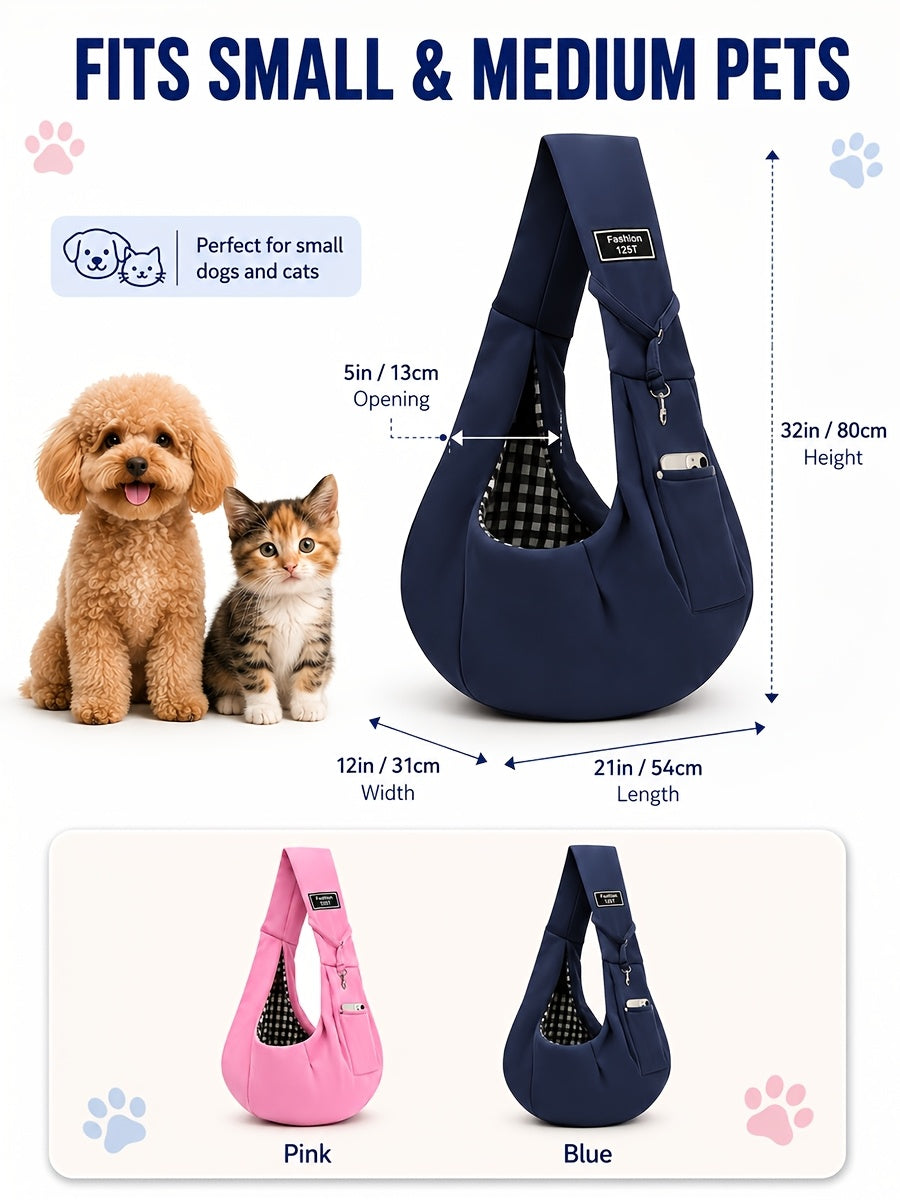 Reversible Dog Carrier Sling with Storage Pocket for 3-15 lb Small Dogs and Cats, Hands-Free Puppy Carrying Pouch in Pink or Blue for Outings