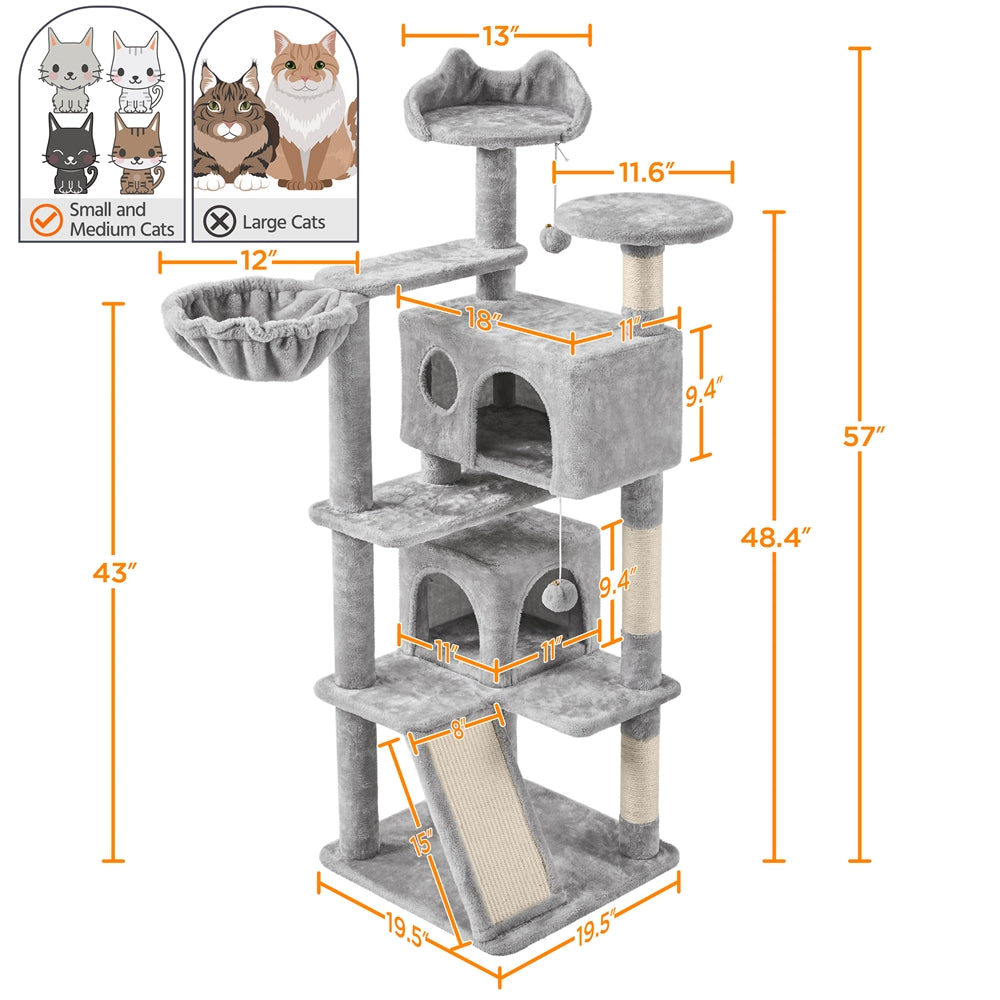 Cat Tree 57 Inch with Two Condos, Plush Multi-Level Indoor Kitten Tower with Round Platform, Ladder and Dangling Ball for Small Cats