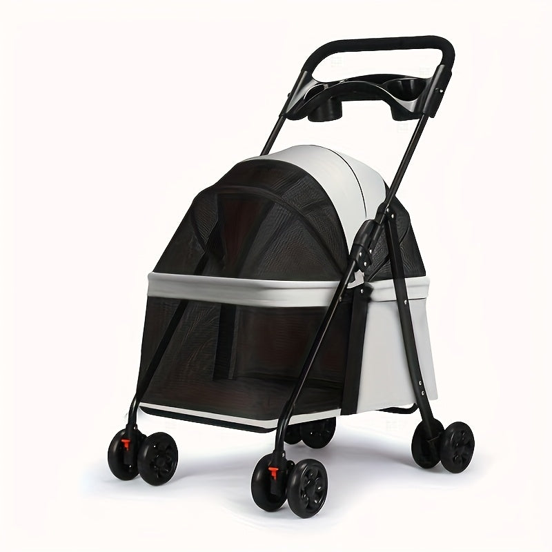 Four-Wheel Pet Stroller for Small Dogs and Cats, Foldable Metal Frame Pushchair with Ventilated Canopy, Ergonomic Handle and Storage Basket in Gray or Black
