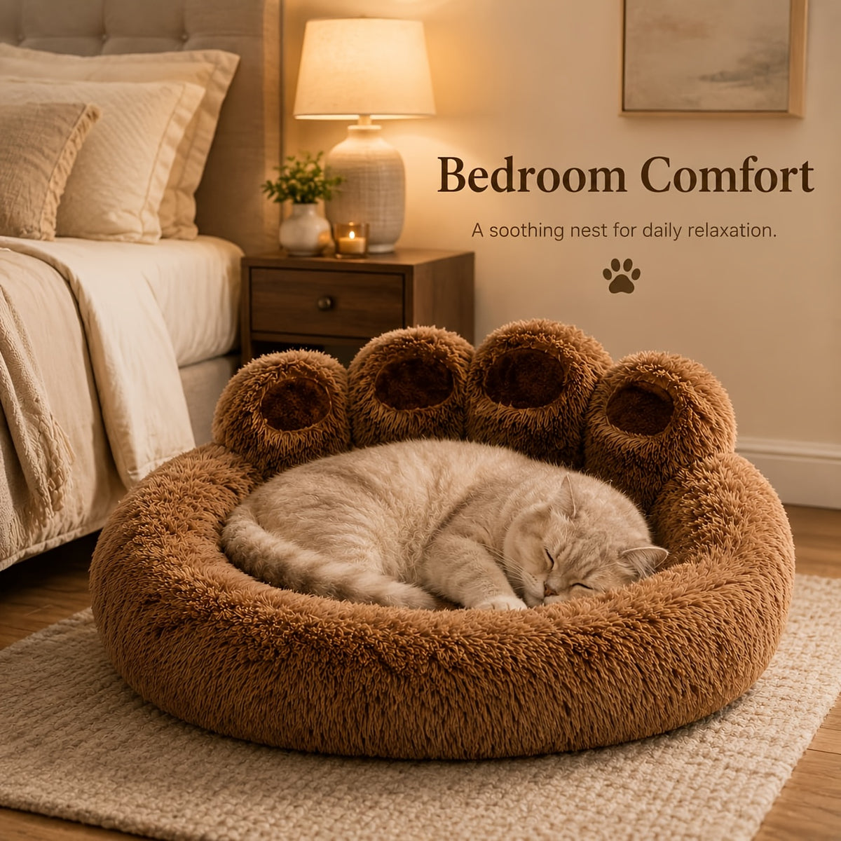 Bear Paw Pet Sofa Bed for Dogs and Cats, Soft Faux Plush Sleeping Nest with Raised Edges in Pink, Grey or Hazelnut, Four Sizes from 55 to 85 cm