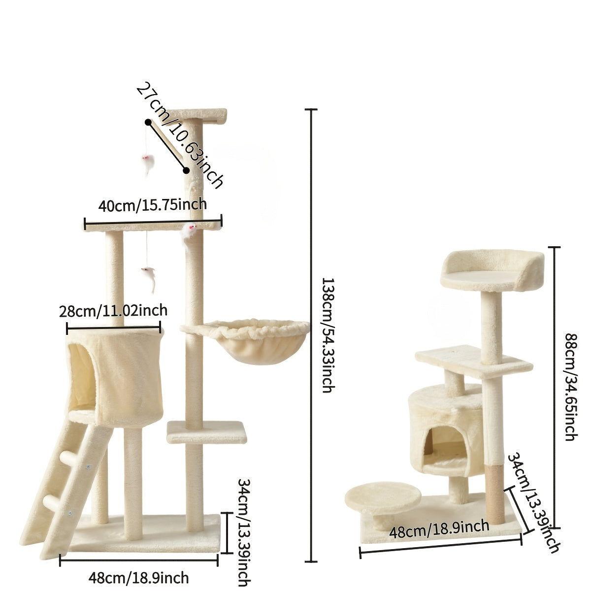 Cat Tree with Hammock and Extended Platform, Multi-Level Indoor Cat Tower with Sisal Scratching Posts, Condo and Dangling Play Toy