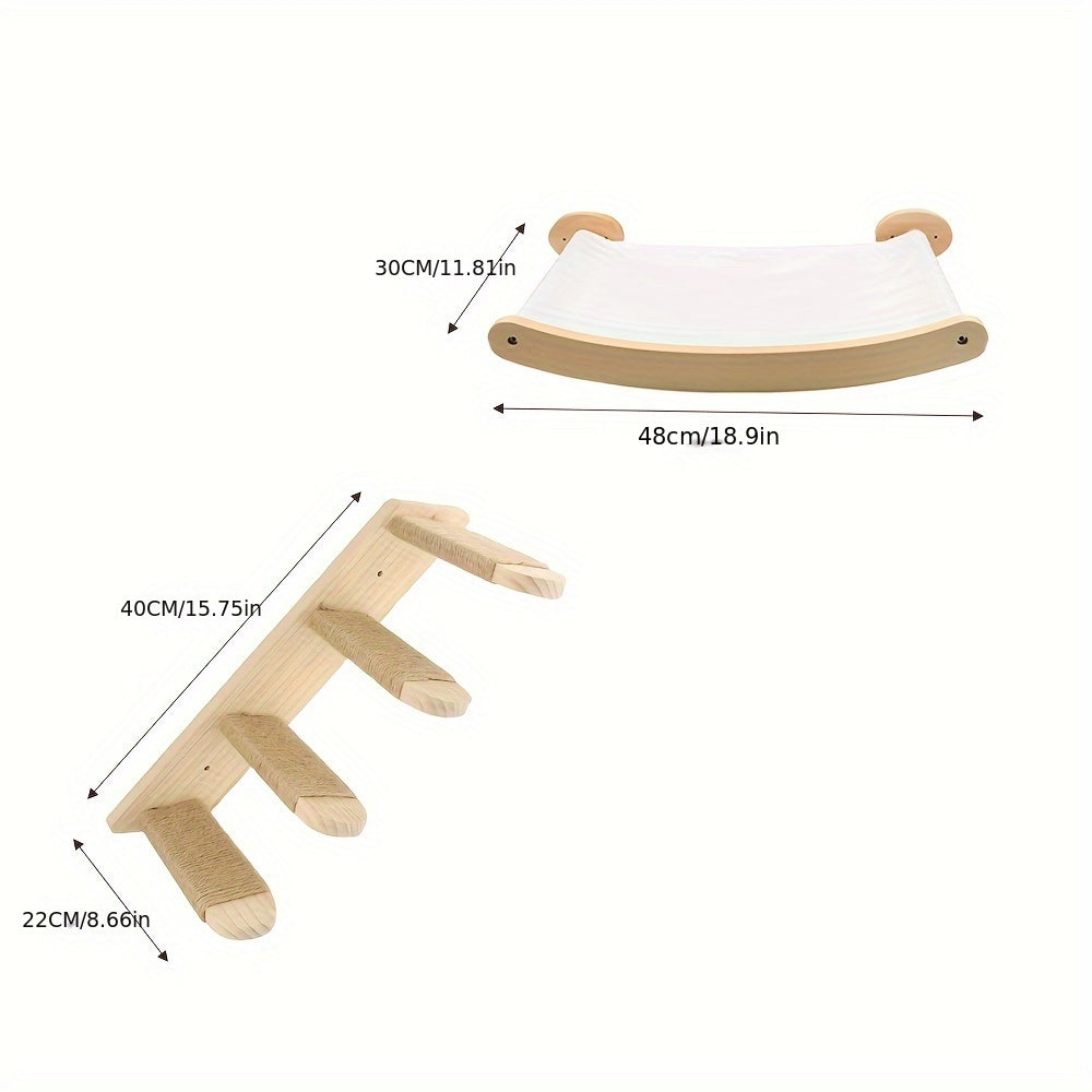 Cat Wall Hammock and Steps Set, Wall-Mounted Four-Step Sisal Climbing Furniture with Modern Hammock or Corner Perch Options for Indoor Cats