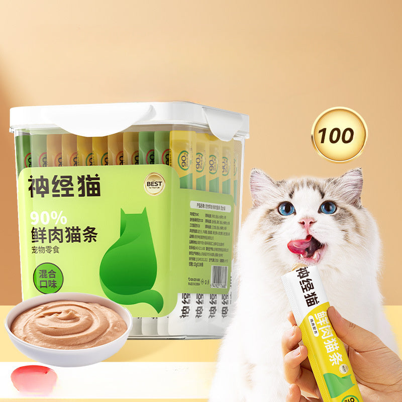 Lickable Cat Treats Bucket 100 Count, 15g Mixed Flavor Creamy Squeeze Sticks with Chicken, Tuna and Salmon for Hand Feeding and Cat Food Topping